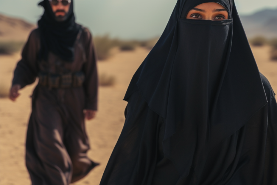 Saudi Arabian woman followed by man